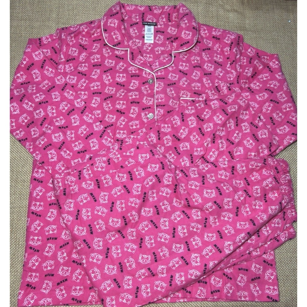 Joe Boxer Pajama Set Cats Pink Flannel Large Pants Button Top Lounge